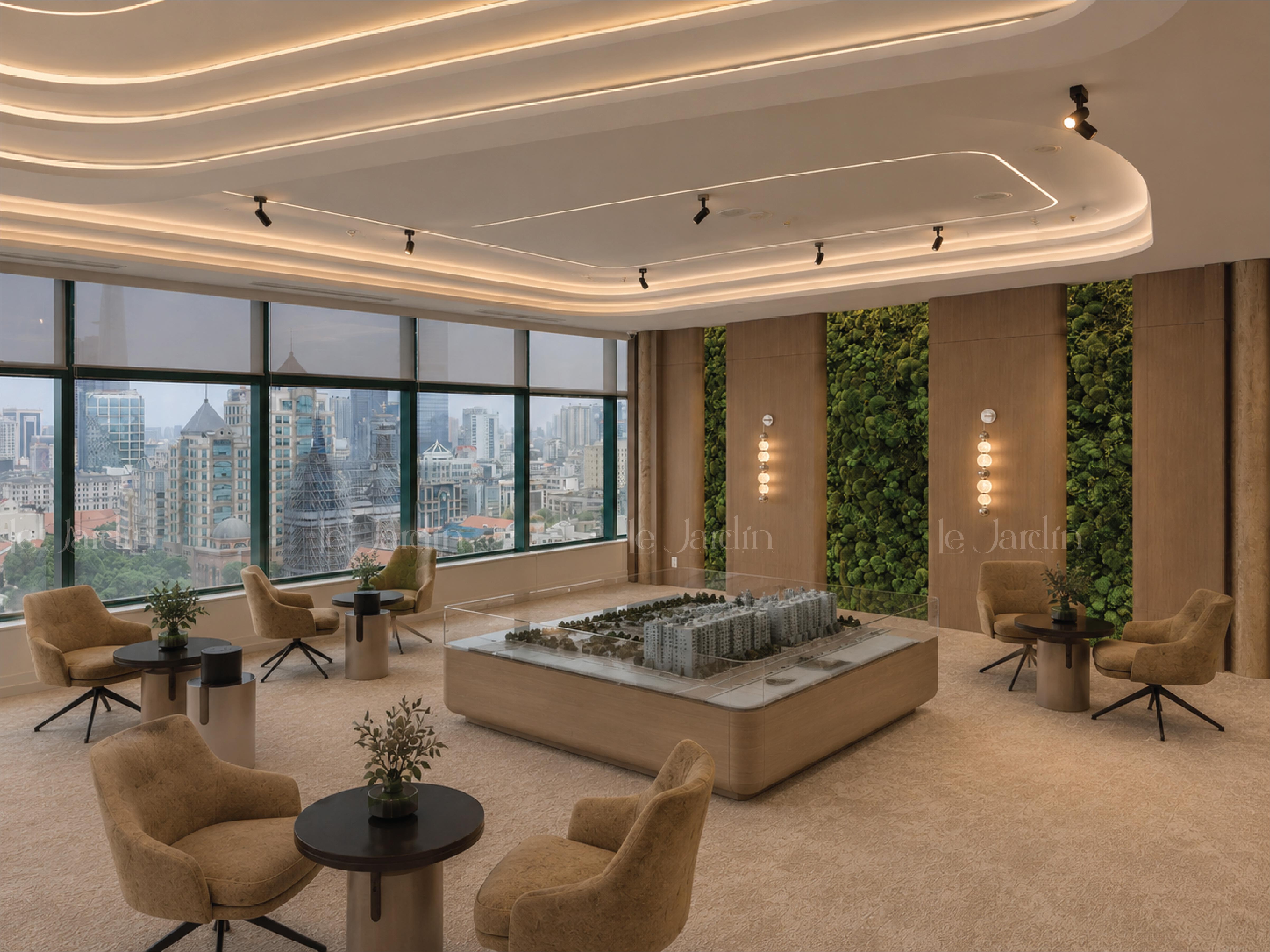 Toàn cảnh hệ tranh rêu bảo tồn đa sắc độ sau khi hoàn thiện tại không gian văn phòng Diamond Plaza.